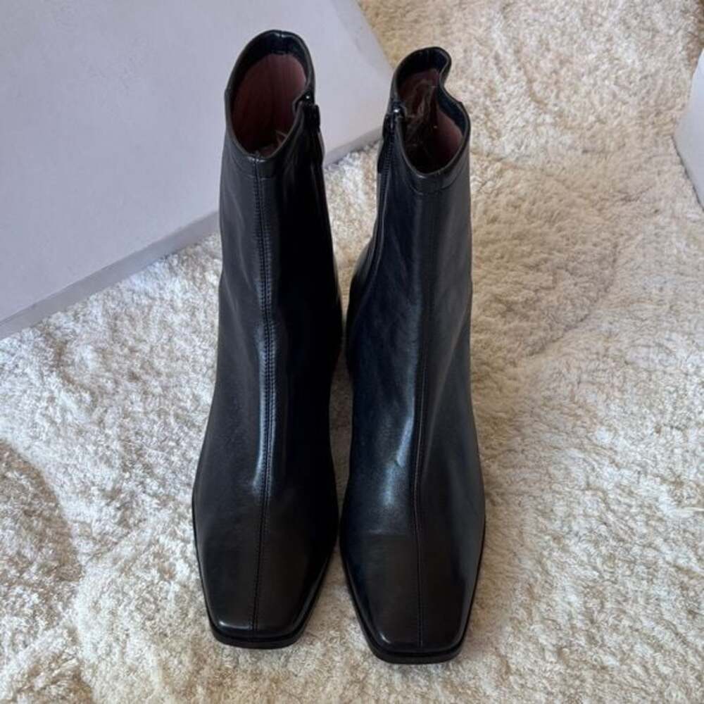 Paolo Black Leather Square-Toe Ankle Boots with Block Heel - Picture 3 of 8